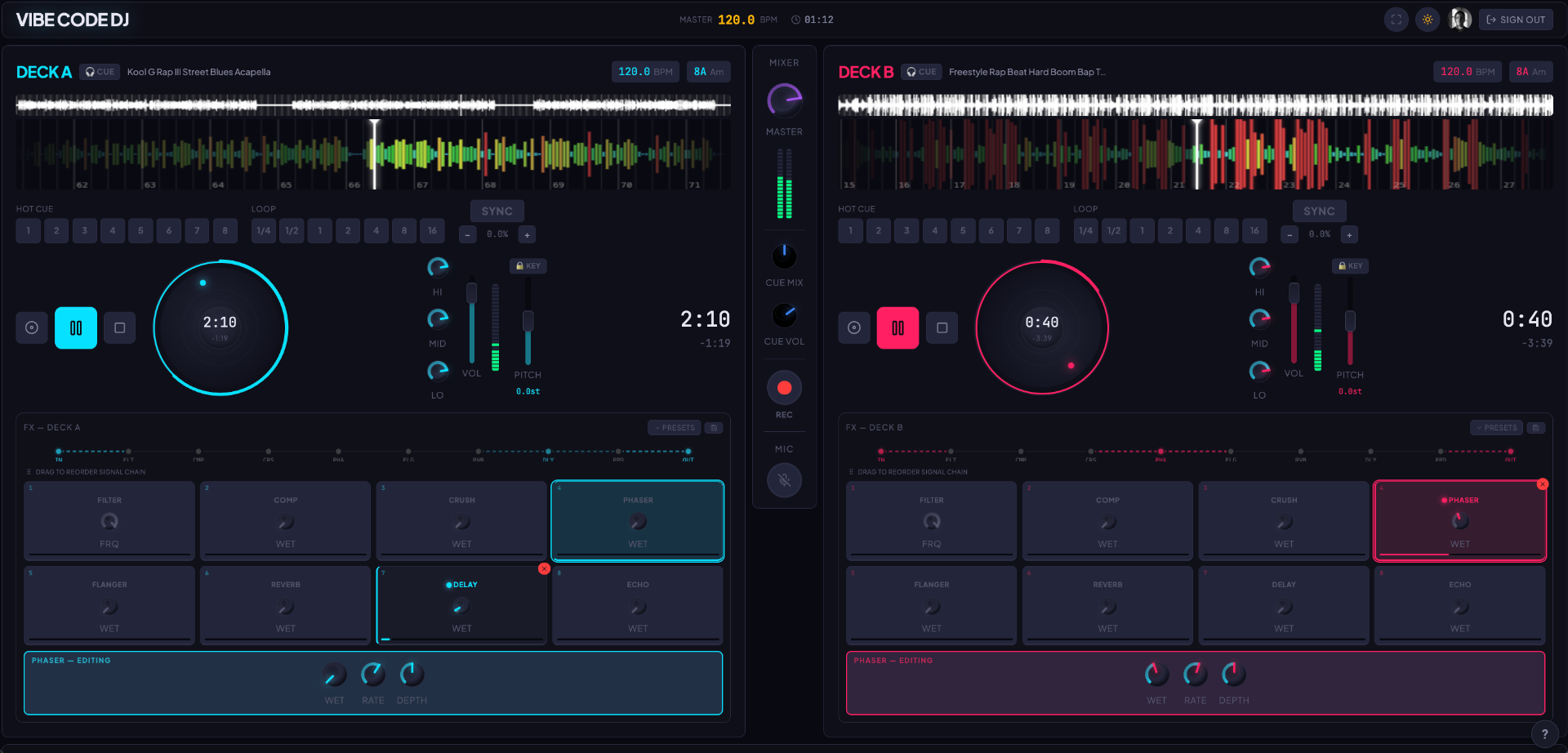 Vibe Code DJ browser mixing console with two decks